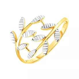 14k Two Tone Gold Crossover Ring with Textured Leaves