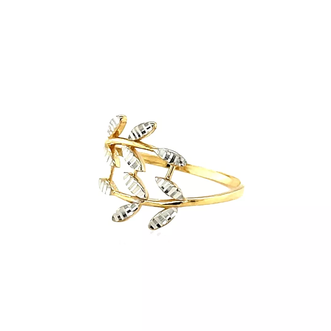 14k Two Tone Gold Crossover Ring with Textured Leaves