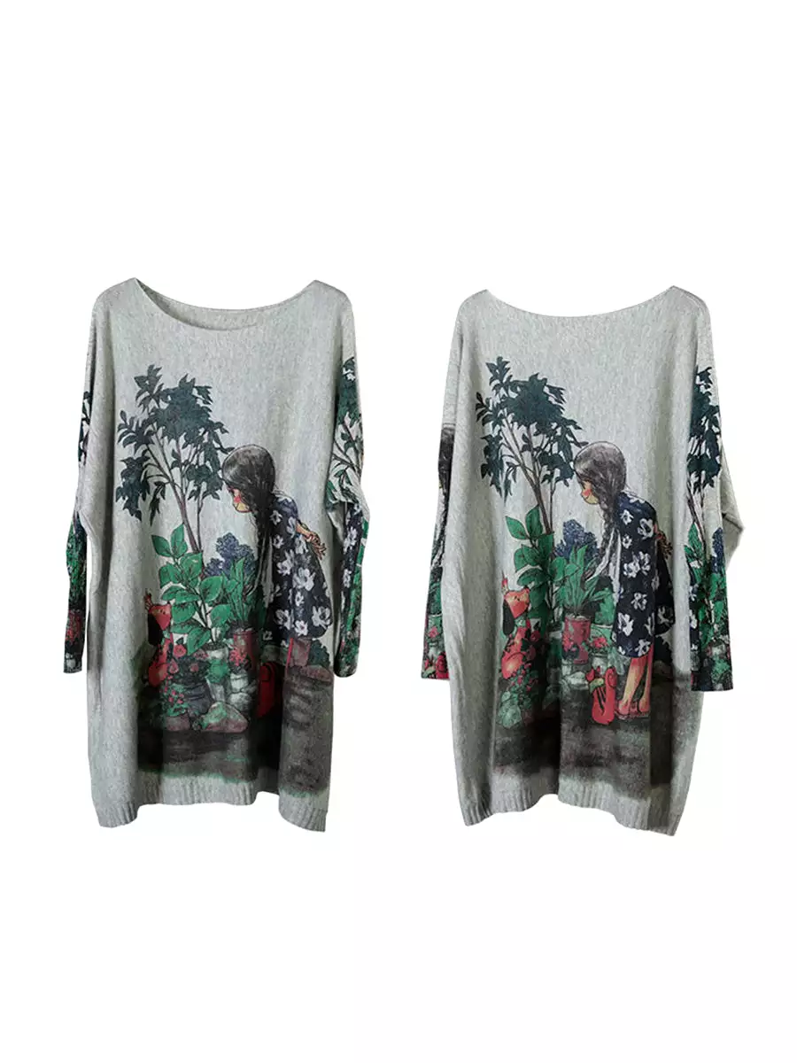 Autumn Women Loose Knitted Print Sweater