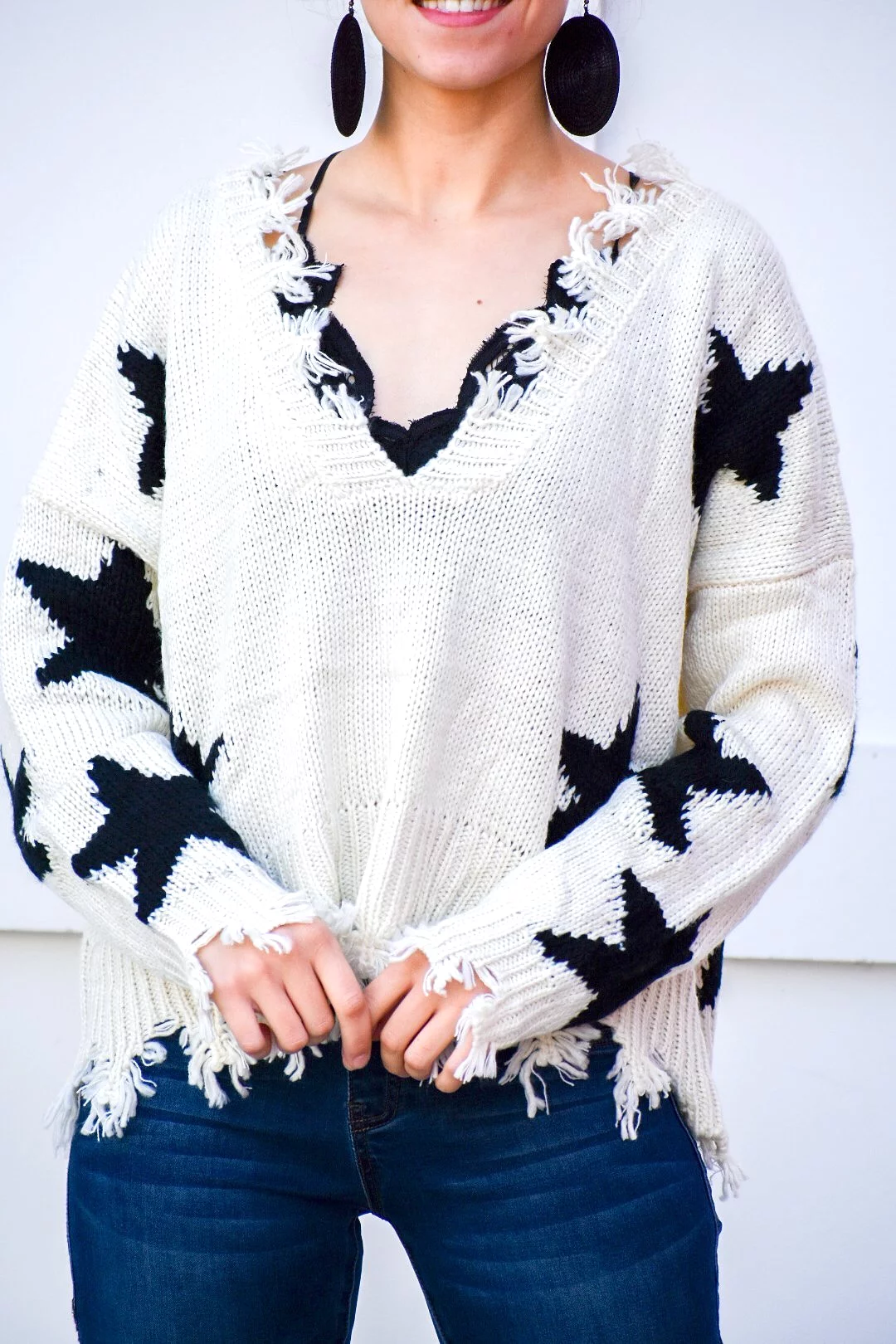 Behind Us Star Ivory Distressed Sweater