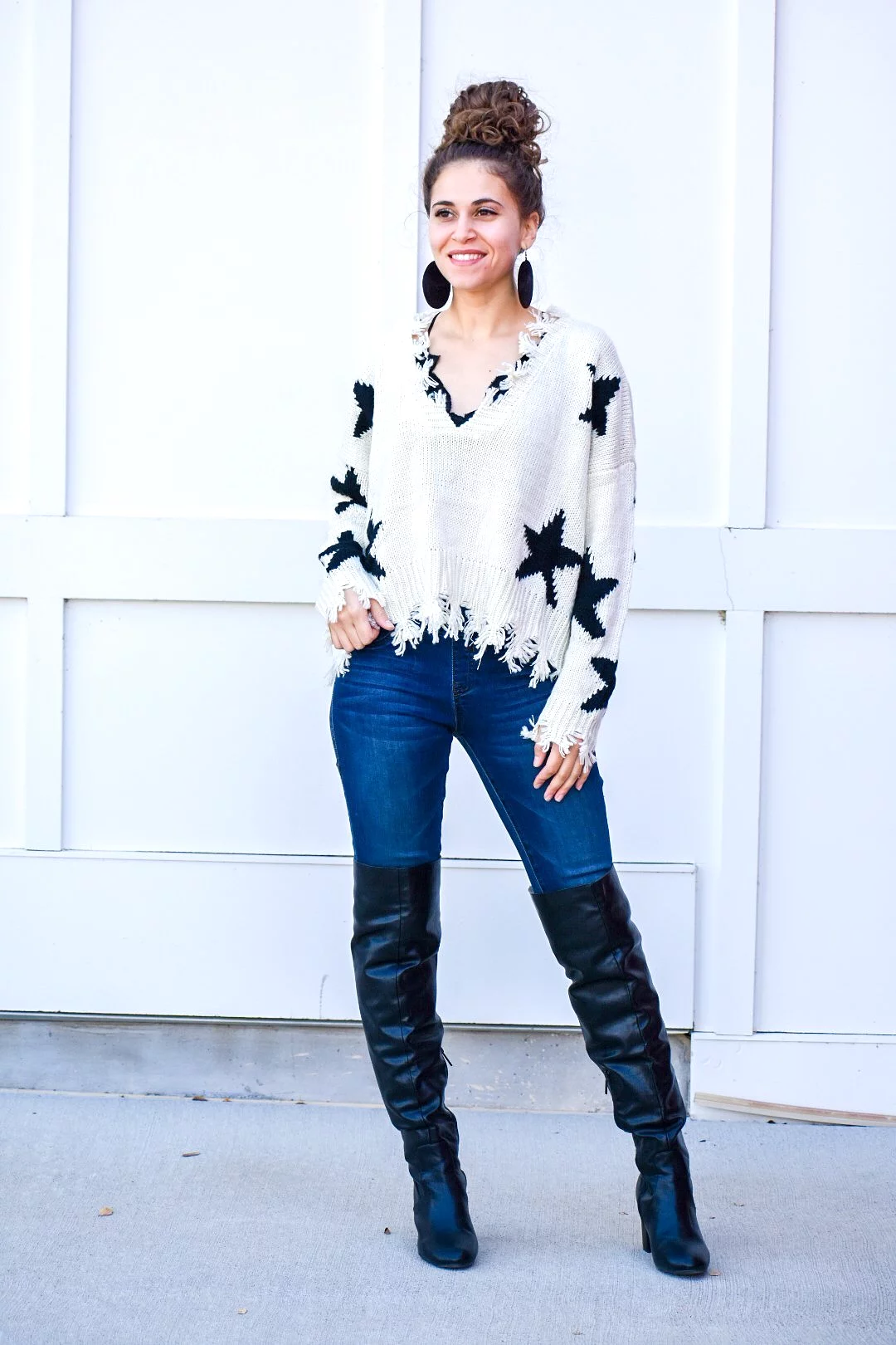 Behind Us Star Ivory Distressed Sweater