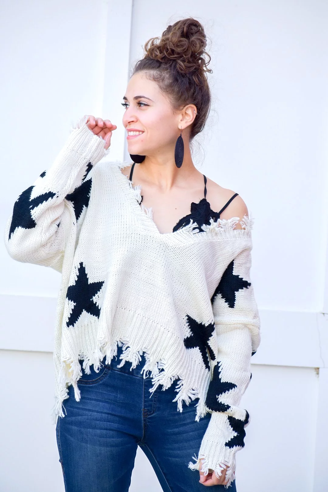 Behind Us Star Ivory Distressed Sweater