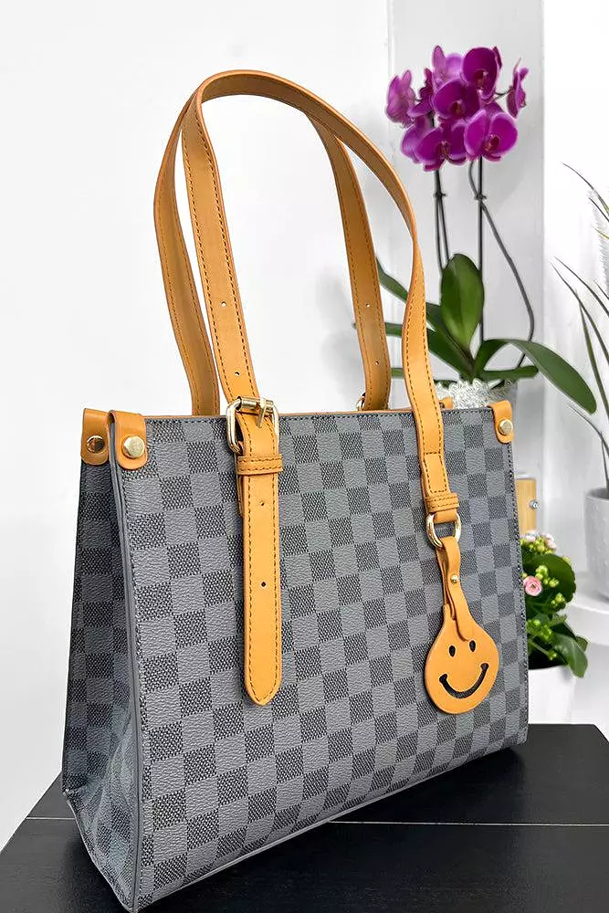 Checked Pattern Contrast Handles Tote Bag