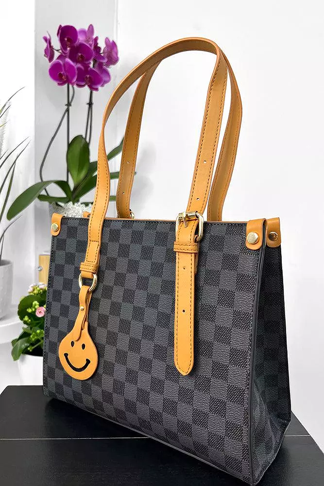 Checked Pattern Contrast Handles Tote Bag