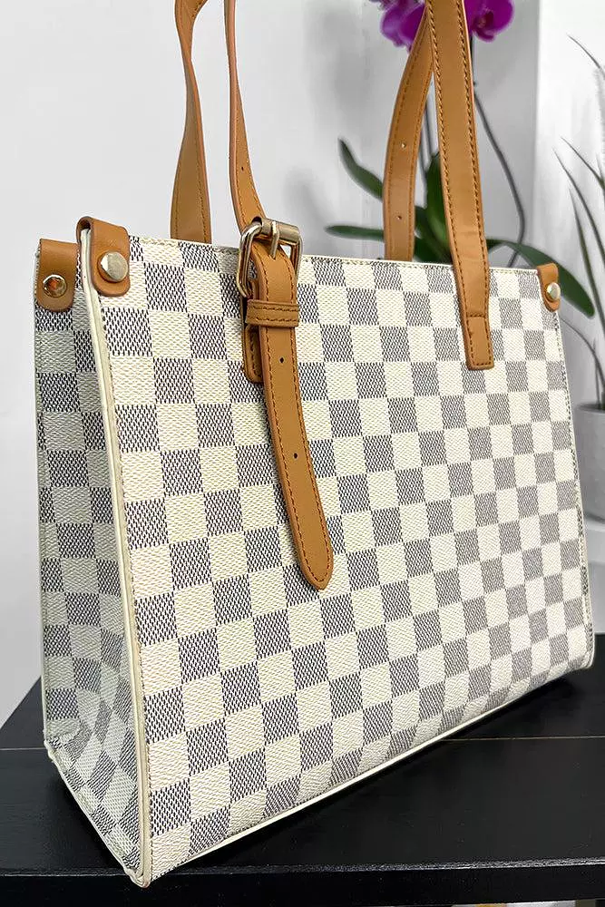 Checked Pattern Contrast Handles Tote Bag