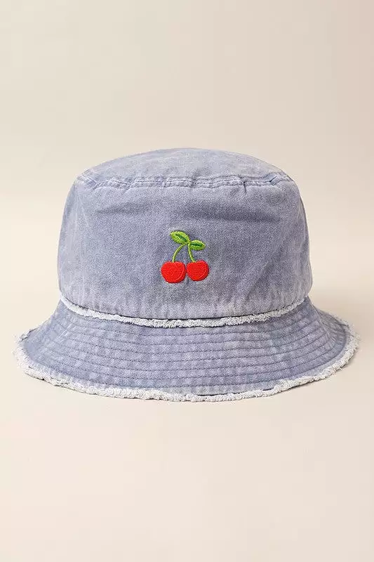 Cherry Distressed Denim Cotton Bucket Hat