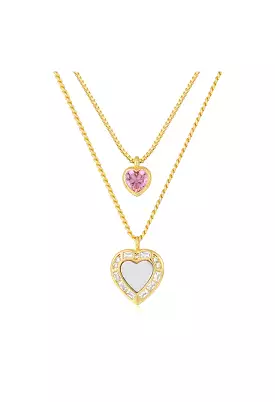 Double Heart Charm Necklace-Pink