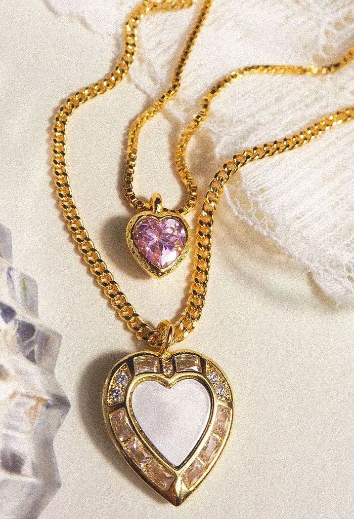 Double Heart Charm Necklace-Pink