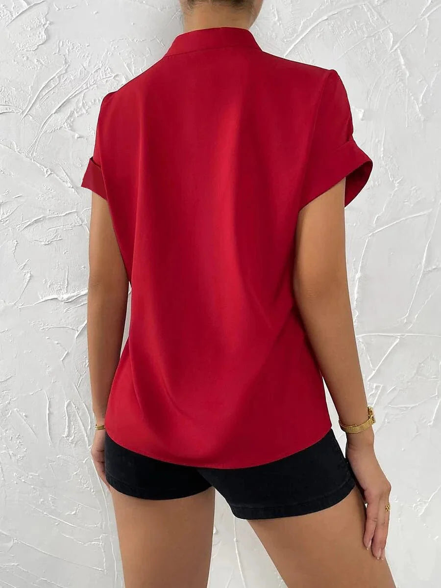 Elegant Standing Collar Women's Short Sleeve Blouse