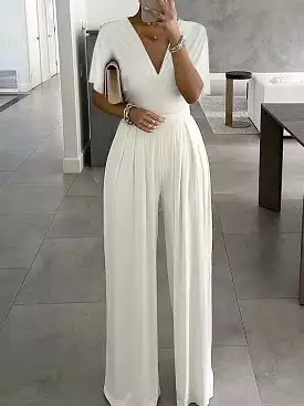 Elegant V-Neck Women's Summer Jumpsuit with Short Sleeve