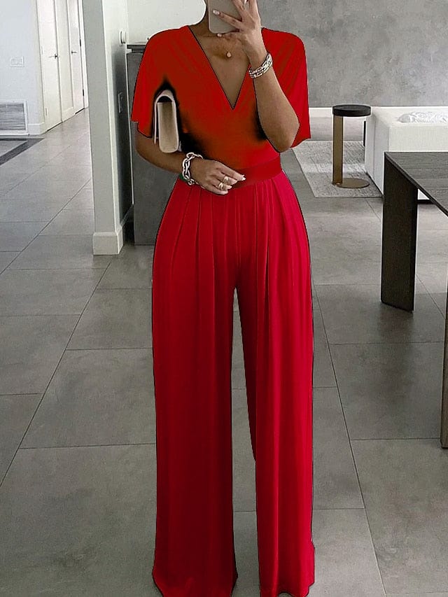 Elegant V-Neck Women's Summer Jumpsuit with Short Sleeve