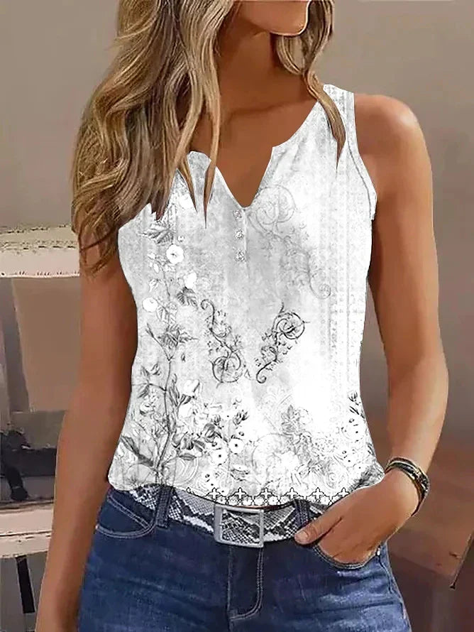 Floral Print Button V-Neck Short Sleeve Women's Tank Top