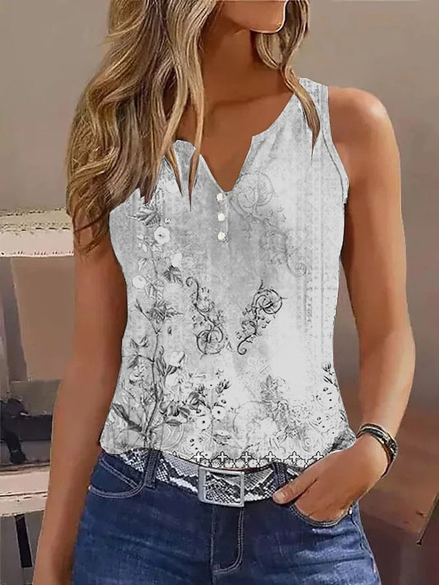 Floral Print Button V-Neck Short Sleeve Women's Tank Top