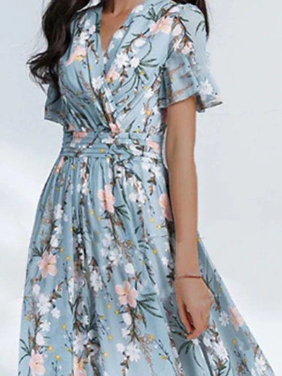 Floral Print Chiffon Midi Dress with Short Sleeves for Women