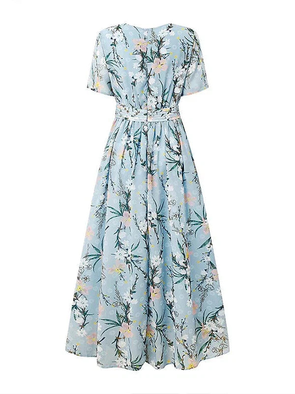 Floral Print Chiffon Midi Dress with Short Sleeves for Women