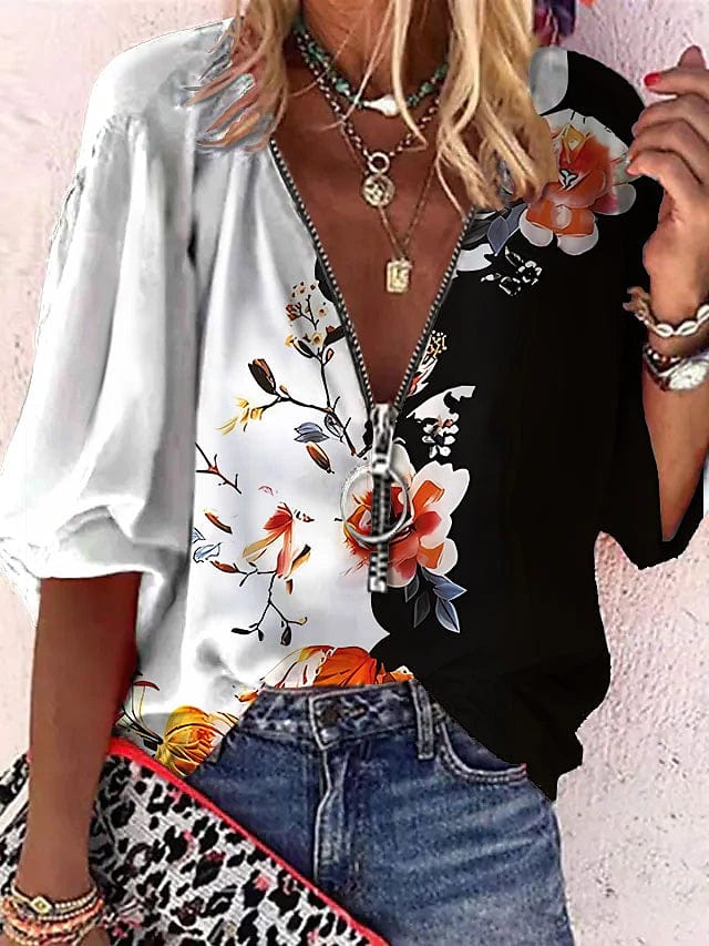 Floral Print Quarter Zip Short Sleeve Women's Blouse