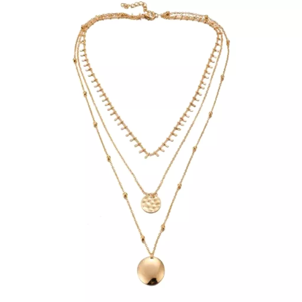 Gold Triple Chain Disc Layered Necklace