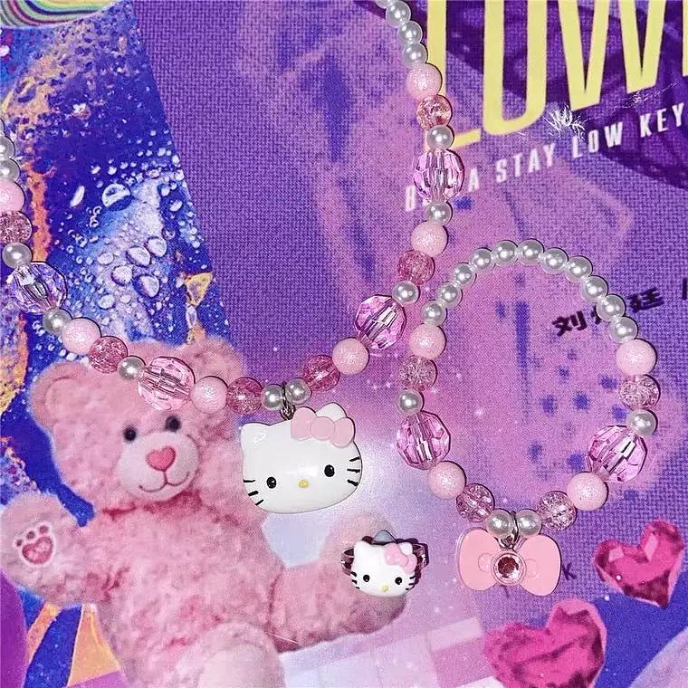 INS CUTE “HELLO KITTY” NECKLACE & BRACELET & RING 3 PIECES BY50030