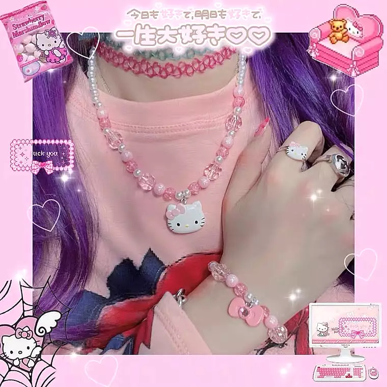 INS CUTE “HELLO KITTY” NECKLACE & BRACELET & RING 3 PIECES BY50030