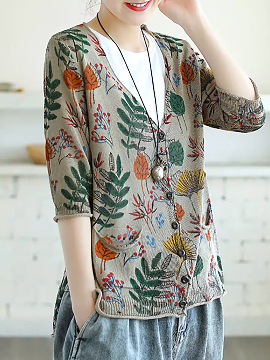 Leaf Printed Half Sleeve Women Knitted Shirt