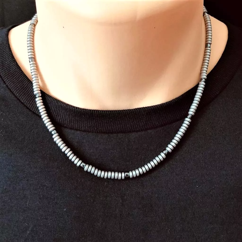 Mens Antique Silver Hematite Rondelle Necklace