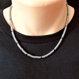 Mens Antique Silver Hematite Rondelle Necklace