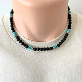 Mens Black Lava and Turquoise Howlite Beaded Necklace