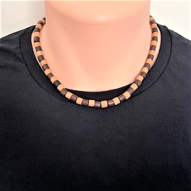 Mens Brown and Beige Wood Cylinder Beaded Necklace