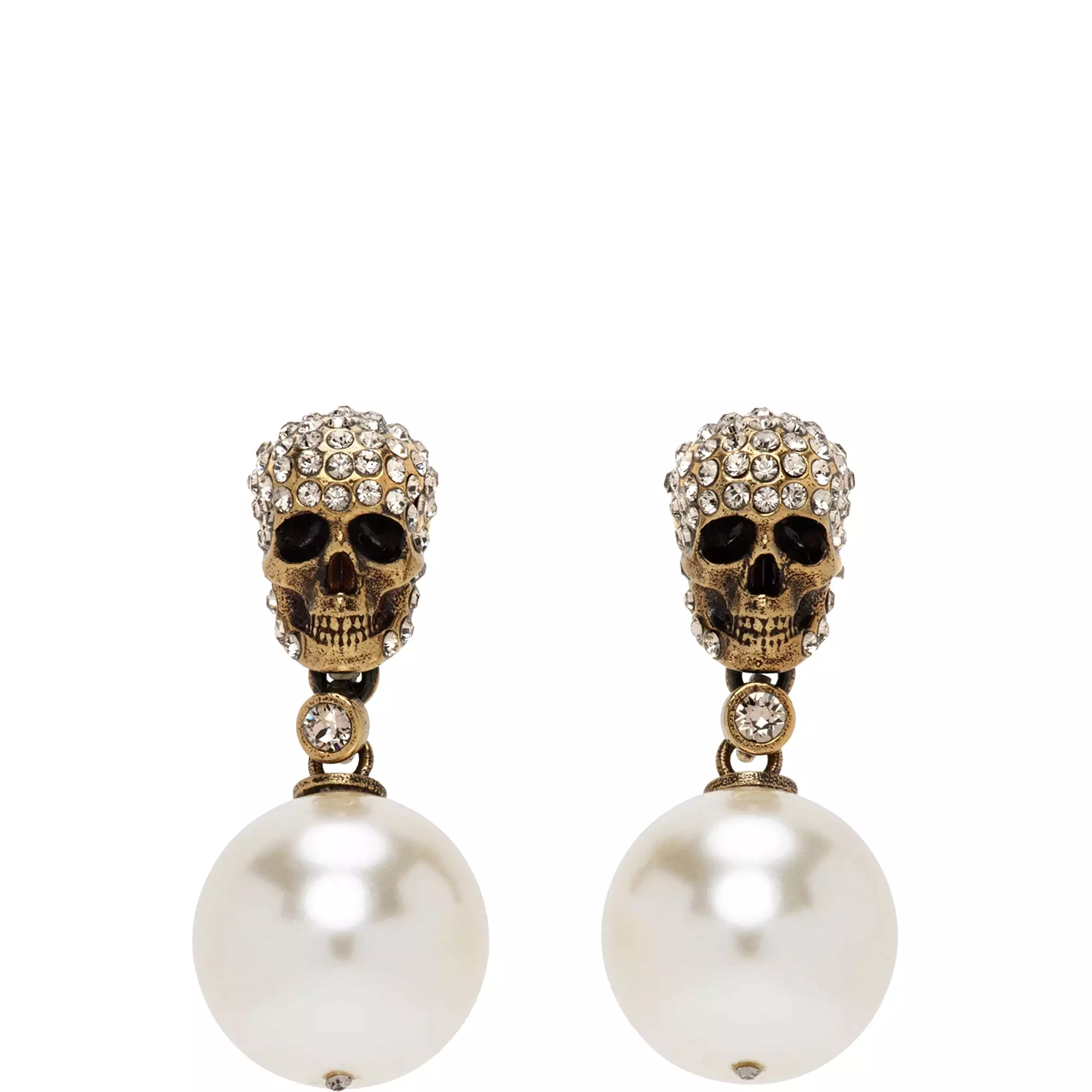 Pearl Pave Skull Earrings, Gold