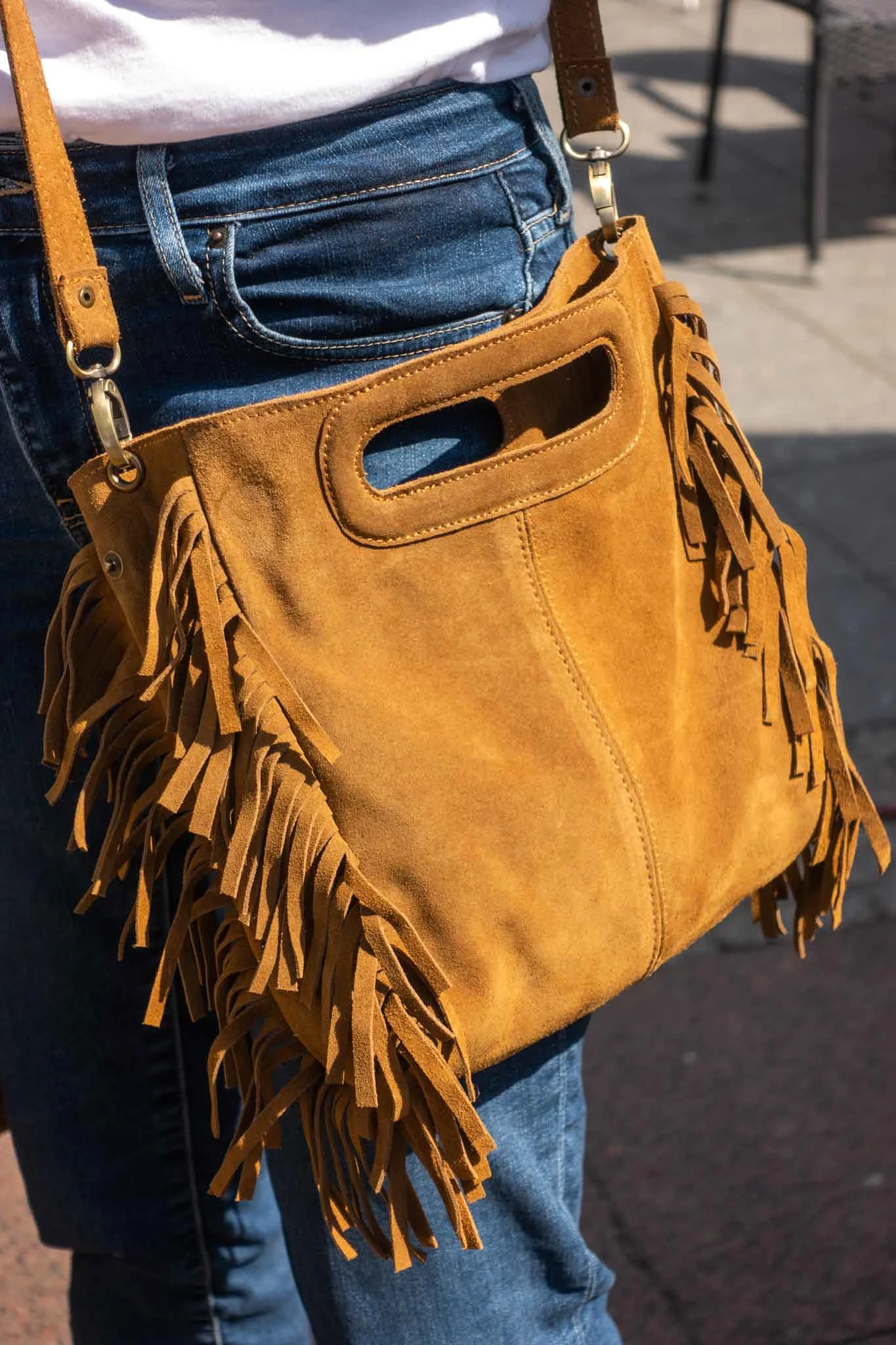 Sanna Suede Leather Mini Fringe Bag in Brown