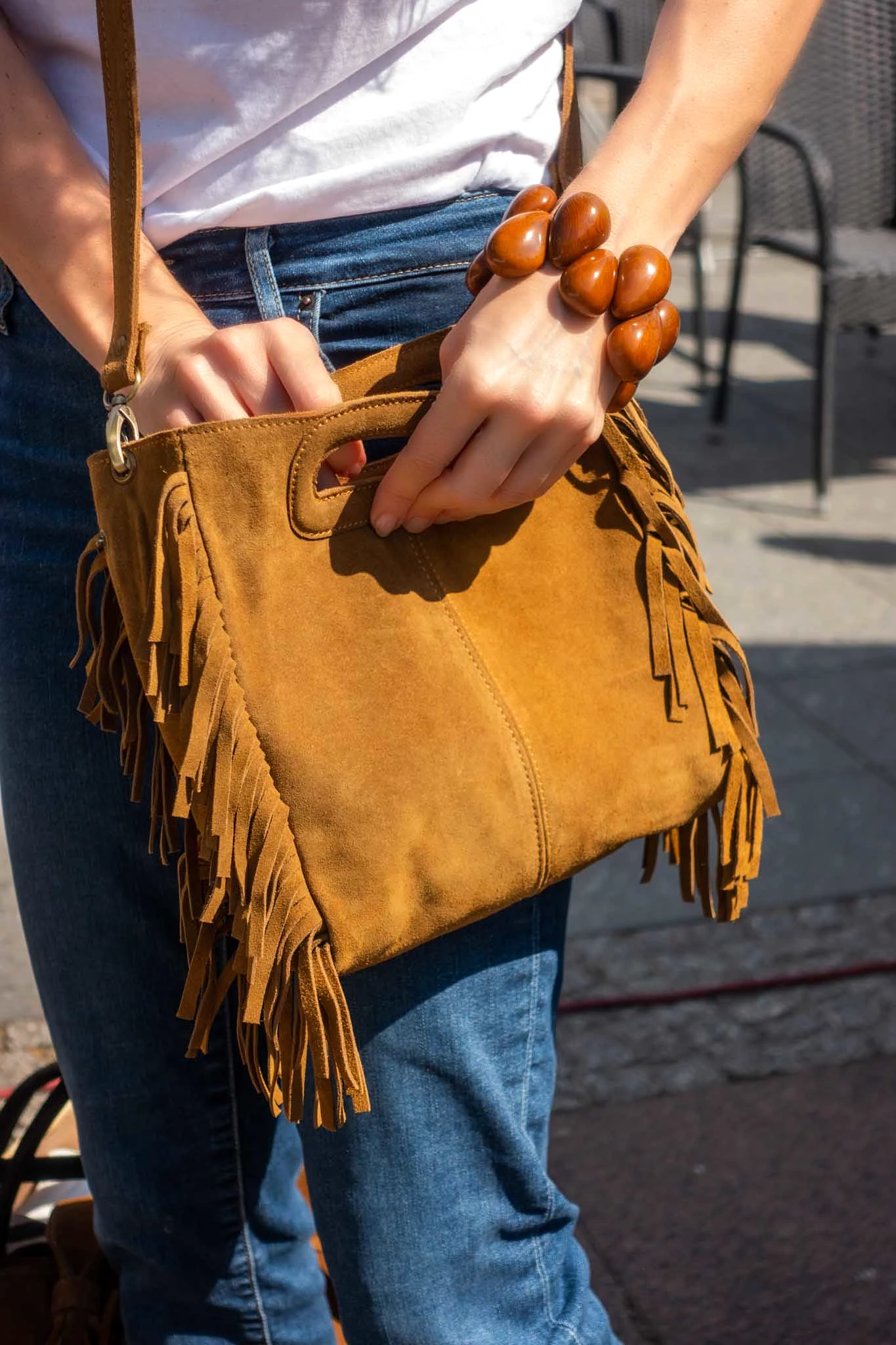 Sanna Suede Leather Mini Fringe Bag in Brown