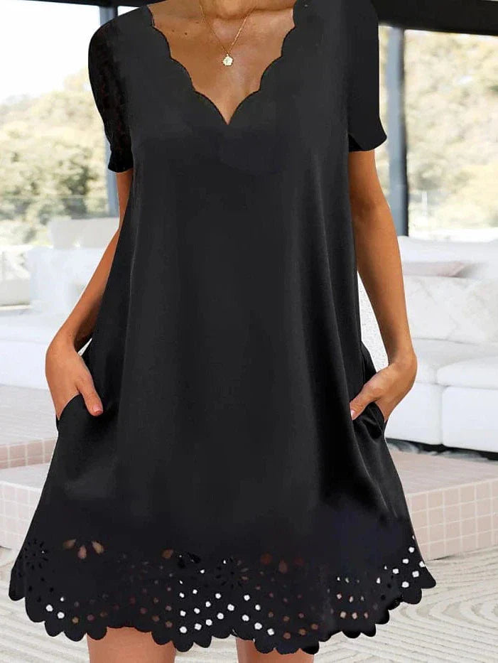 Scalloped Neck Women's Black Mini Dress with Short Sleeves