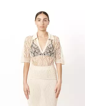 Short Sleeve Lace Polo in Egret