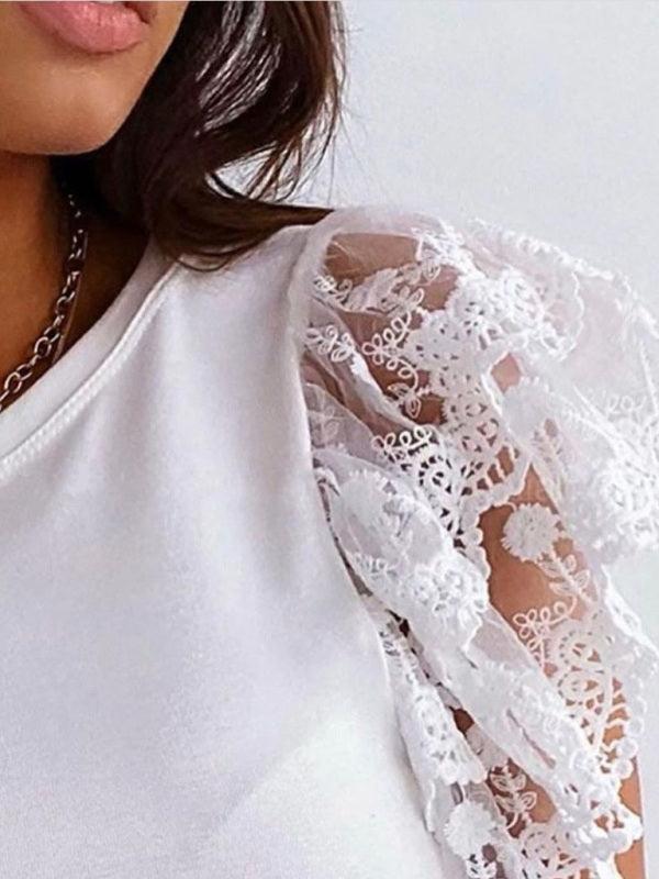 Short Sleeve Round Neck Lace Petal Women Top