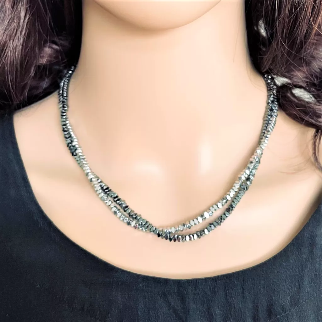 Silver and Black Hematite Faceted Beaded Layered Necklace