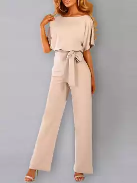 Stylish Belted Long Jumpsuit with Wide Legs and Short Sleeves for Women