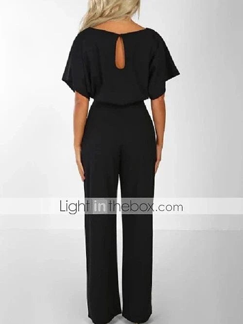 Stylish Belted Long Jumpsuit with Wide Legs and Short Sleeves for Women