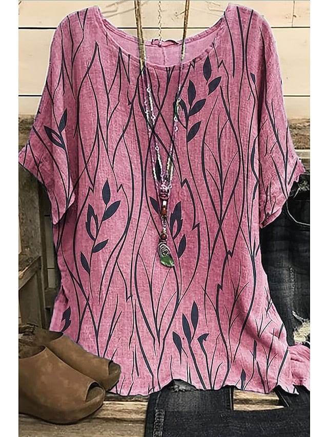 Summer Leaf Print Short Sleeve Women's Blouse