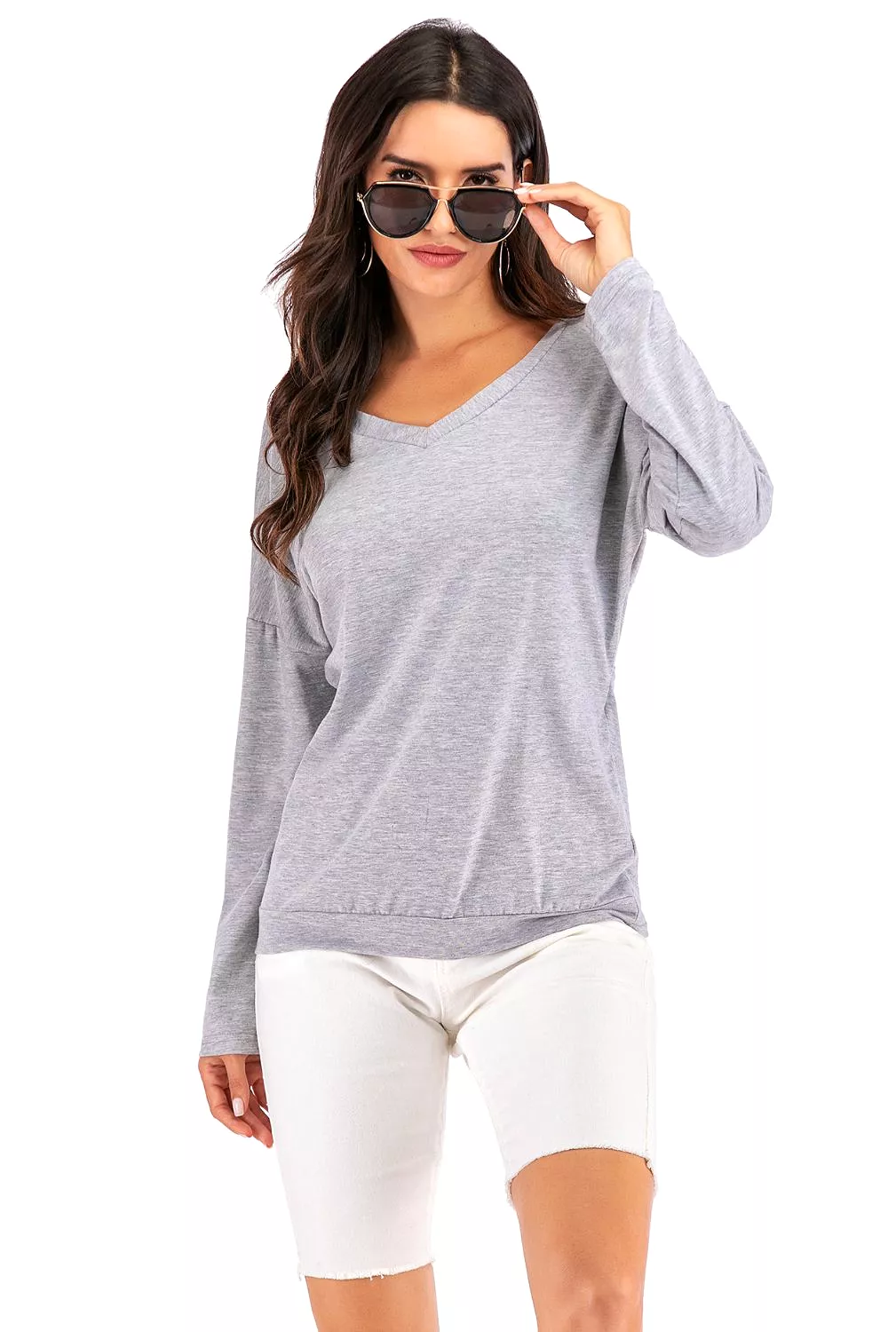 V-Neck Drop Shoulder Open Back Sweater