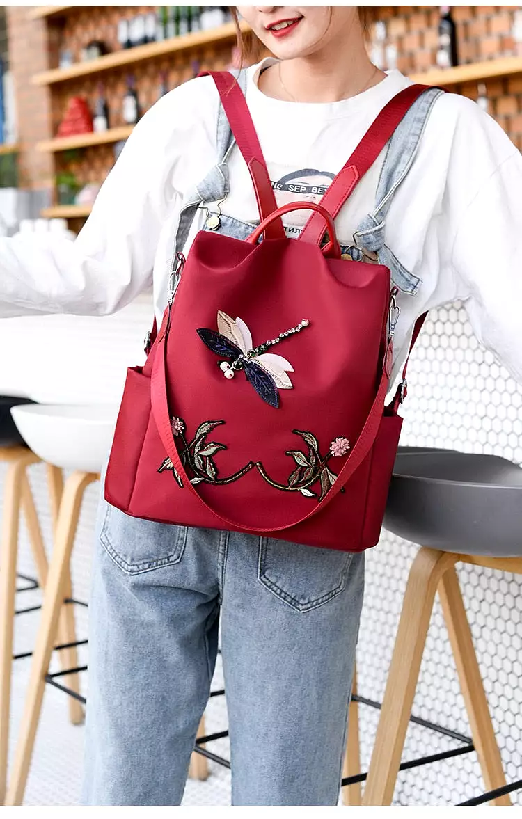 Waterproof Nylon Women Backpack Zipper Oxford School Bags For Girls Dragonfly Flower