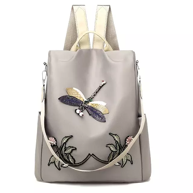 Waterproof Nylon Women Backpack Zipper Oxford School Bags For Girls Dragonfly Flower