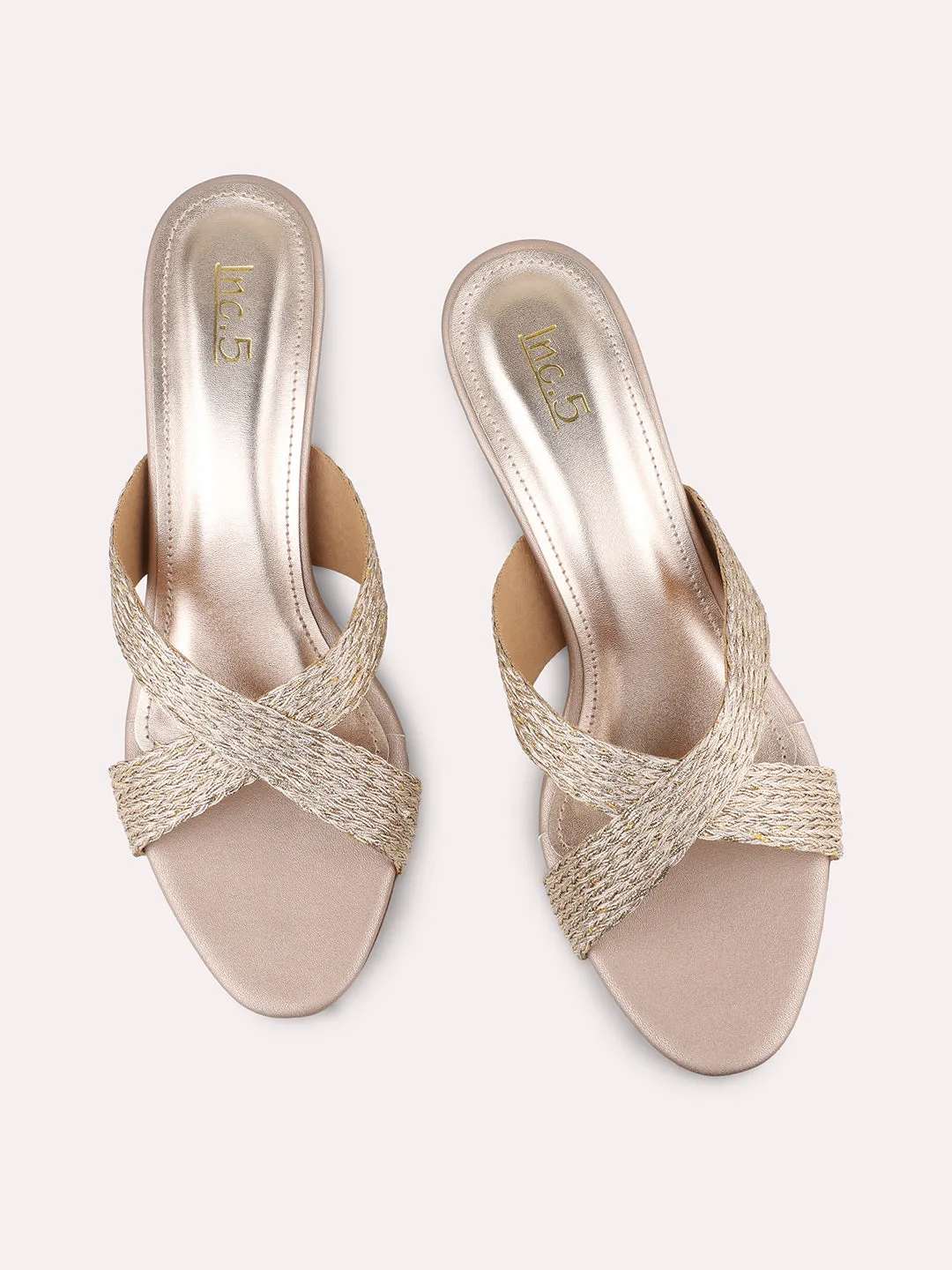 Women Rose Gold Embellished Criss-Cross Kitten Heels