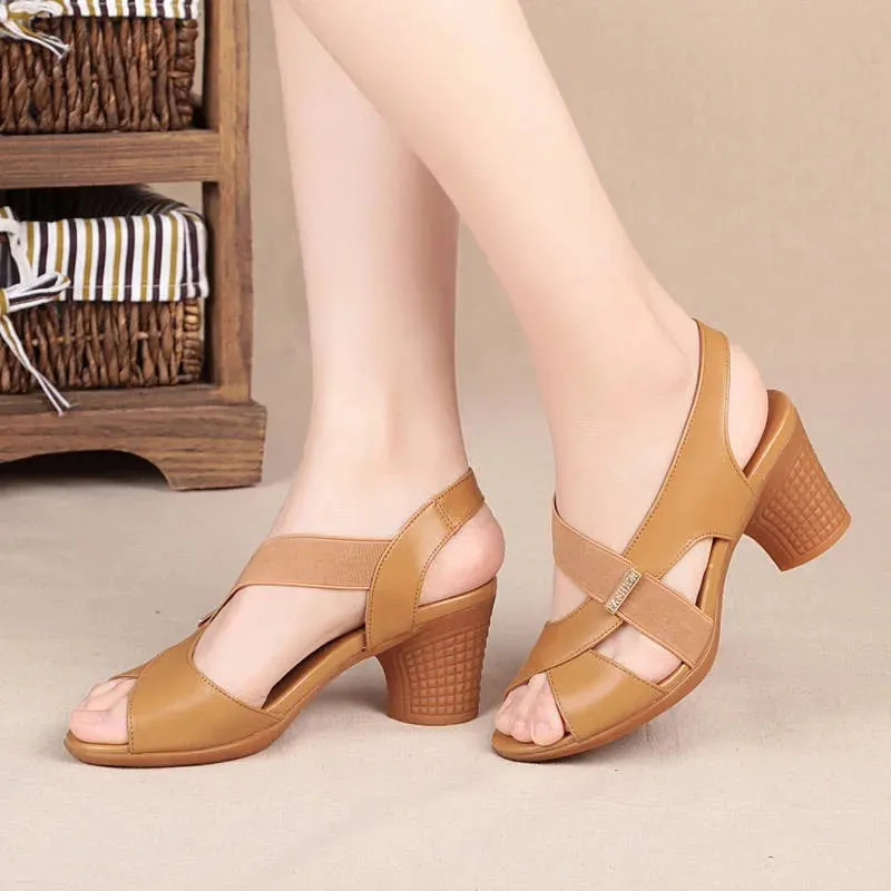 Women Round Toe Slip-on Chunky Heel Roman Ladies Shoes