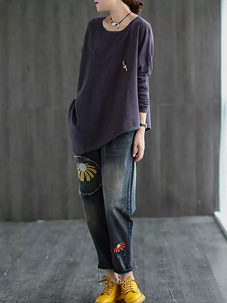 Women Solid Irregular Hem Loose Sweater