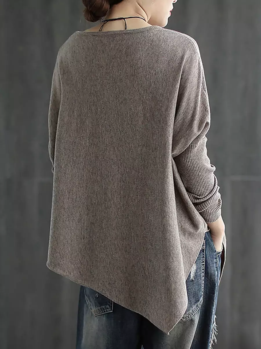 Women Solid Irregular Hem Loose Sweater