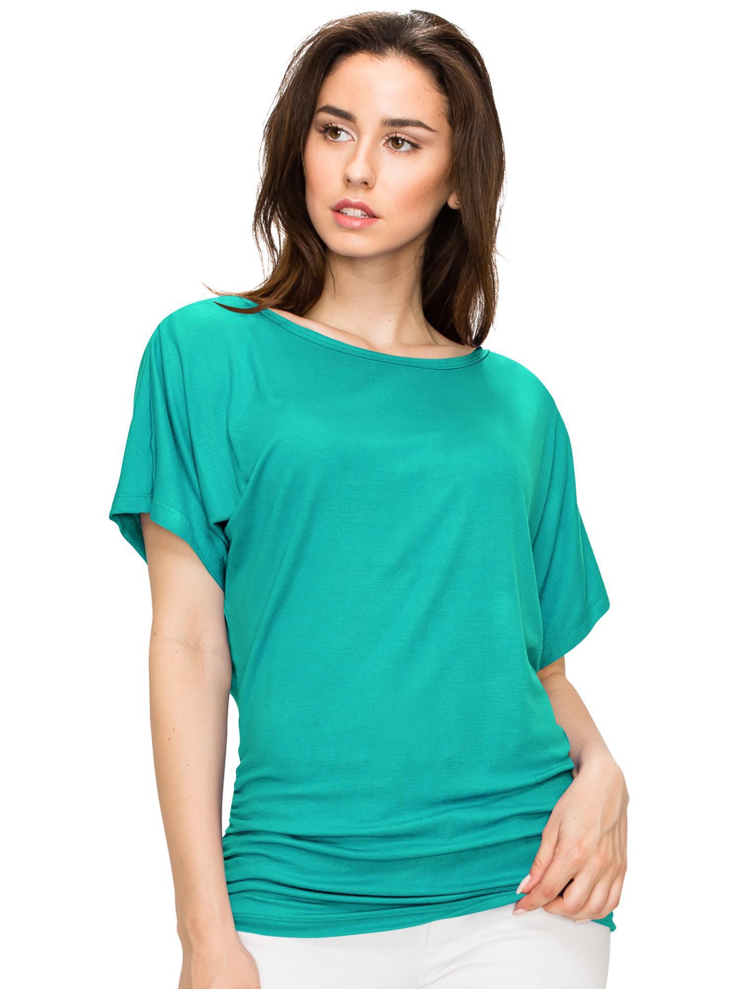 Women's Solid Short Sleeve Boat Neck V-Neck Dolman Top