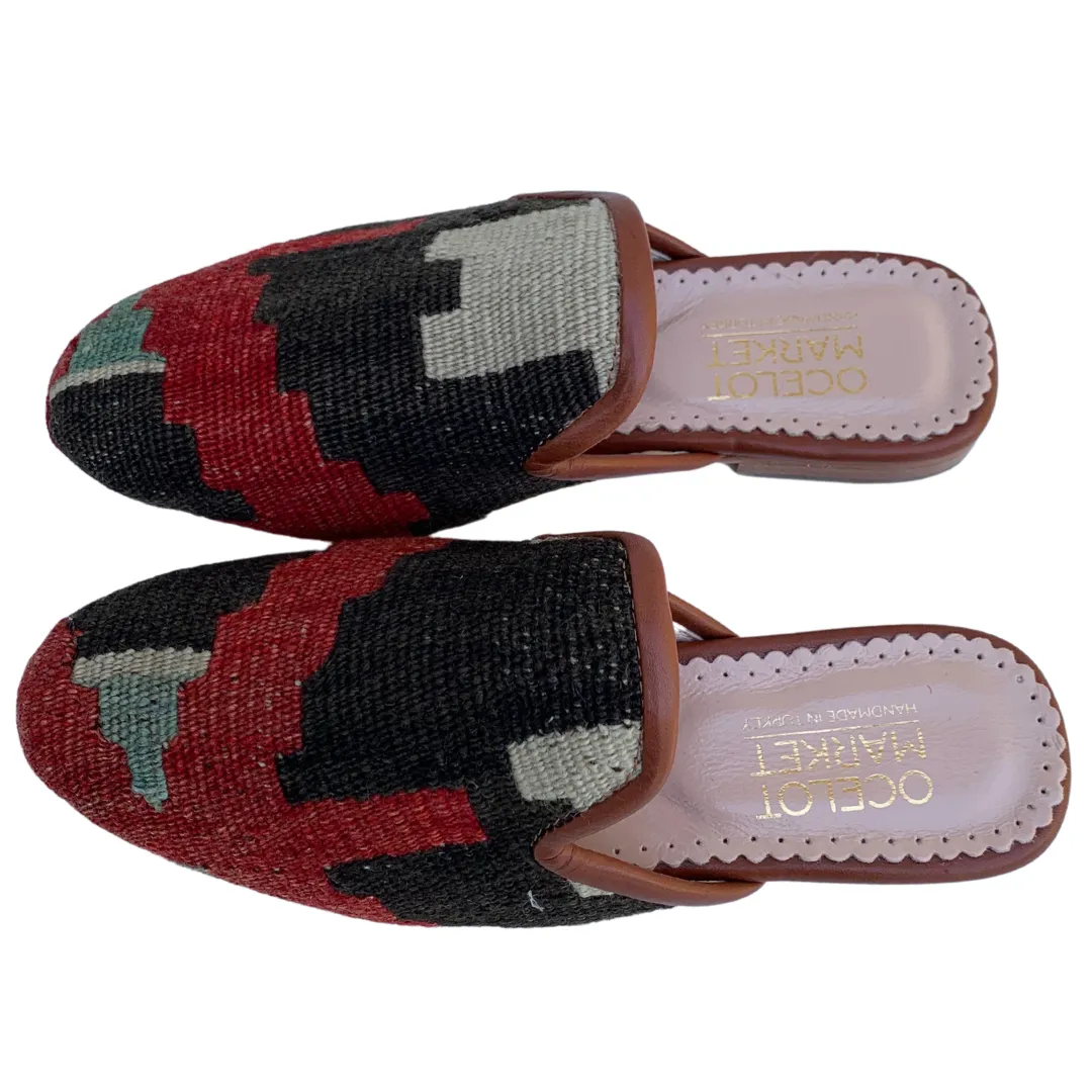 Women's Turkish Kilim Mules | Red & Black