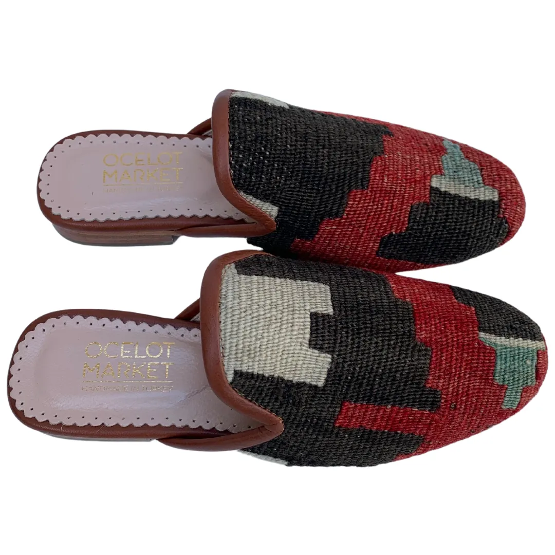 Women's Turkish Kilim Mules | Red & Black