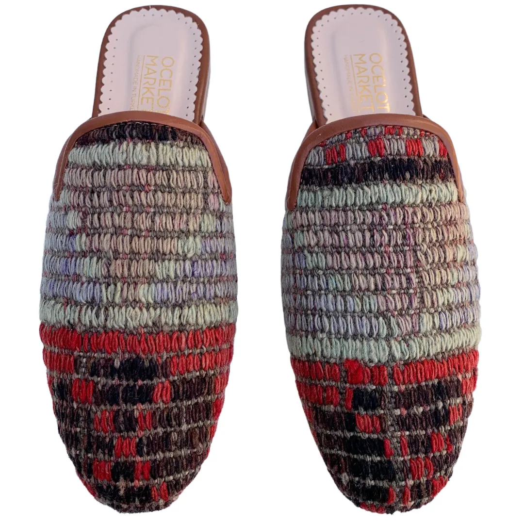 Women's Turkish Kilim Mules | Red, Black, & Grey