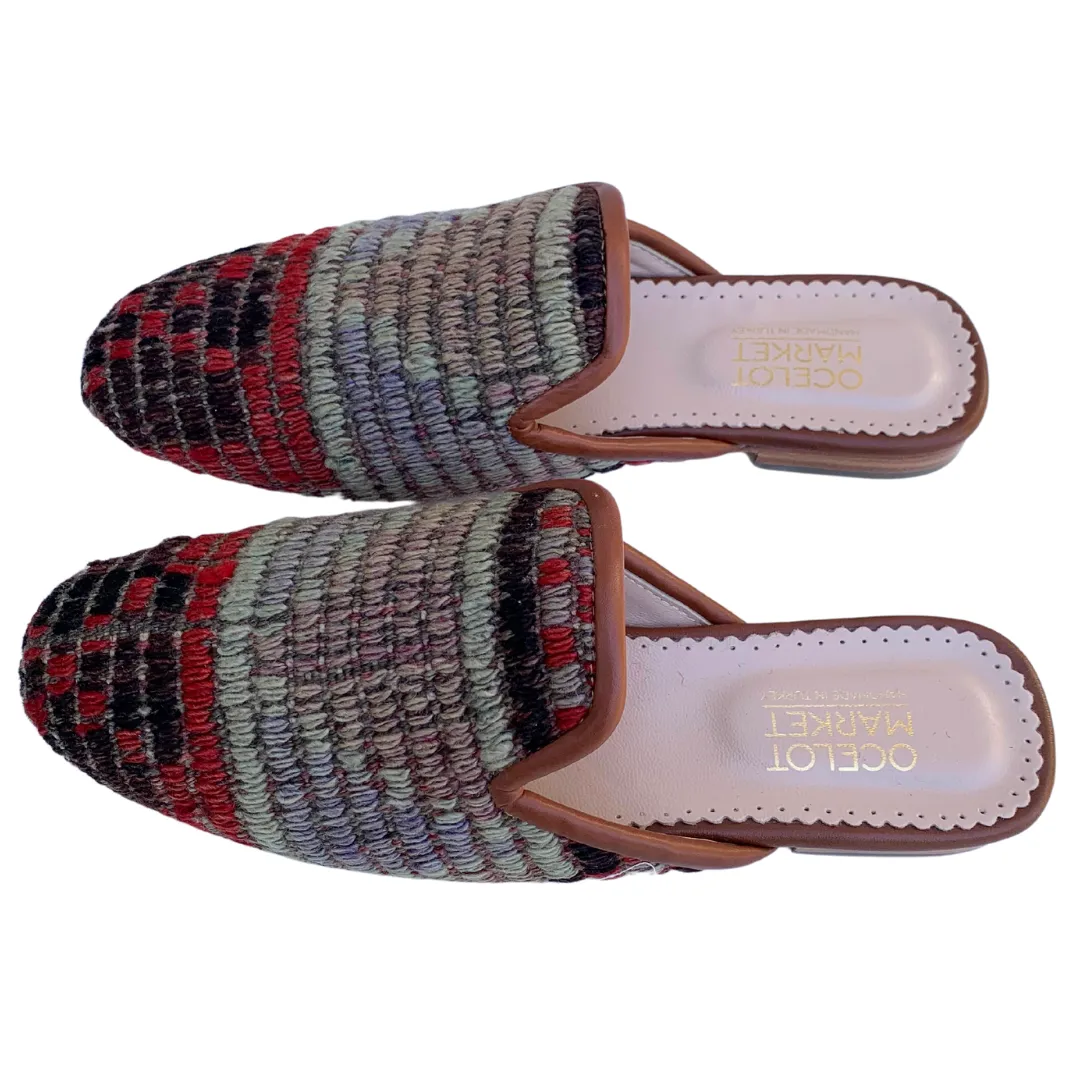 Women's Turkish Kilim Mules | Red, Black, & Grey